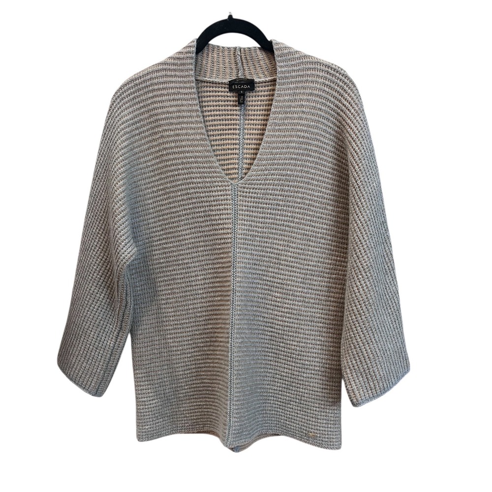 Escada Cashmere Pullover‎ Knit Sweater Gray Brown V Neck 3/4 Sleeves  Small